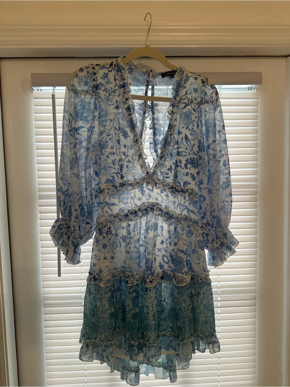 Blue & White Floral Long-Sleeve Tiered Mini Dress